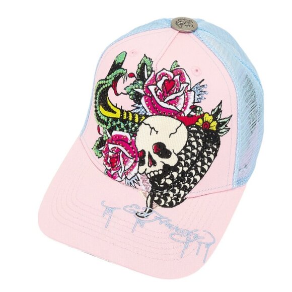 Ed Hardy Rhinestone Cobra Trucker Hat, Pink & Blue Sky, Unisex, NWT - Picture 3 of 7